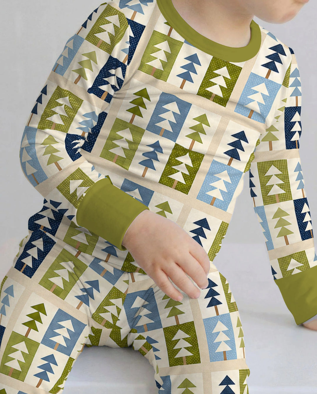 Retro Geometric Christmas Tree Patchwork Seamless Pattern Bamboo Two Piece Long Sleeve Pajama Set
