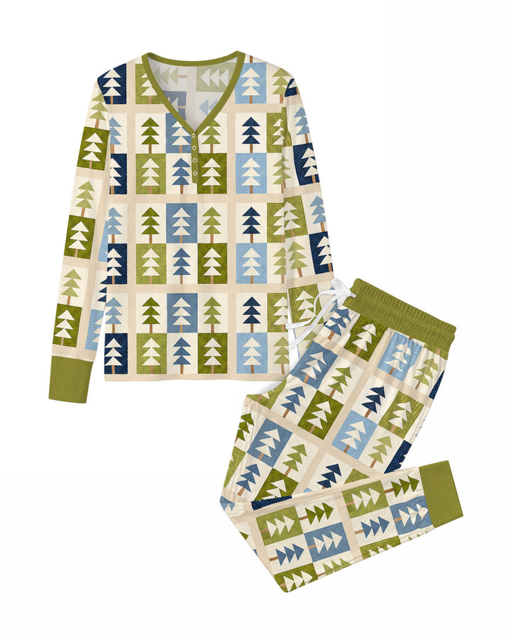 Retro Geometric Christmas Tree Patchwork Seamless Pattern Bamboo Women Pajama Set