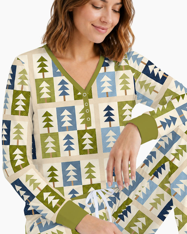 Retro Geometric Christmas Tree Patchwork Seamless Pattern Bamboo Women Pajama Set