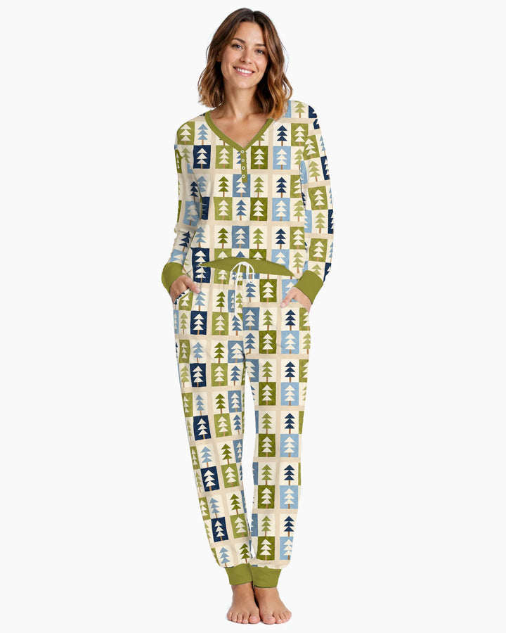Retro Geometric Christmas Tree Patchwork Seamless Pattern Bamboo Women Pajama Set