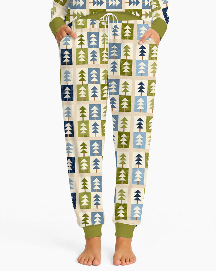 Retro Geometric Christmas Tree Patchwork Seamless Pattern Bamboo Women Pajama Set