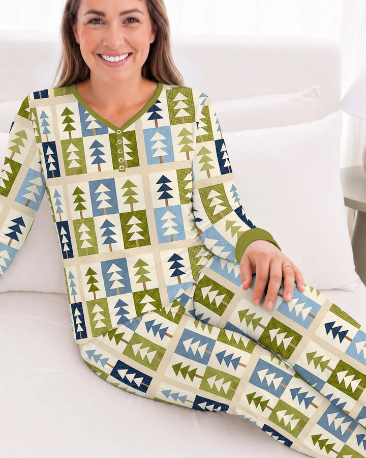 Retro Geometric Christmas Tree Patchwork Seamless Pattern Bamboo Women Pajama Set