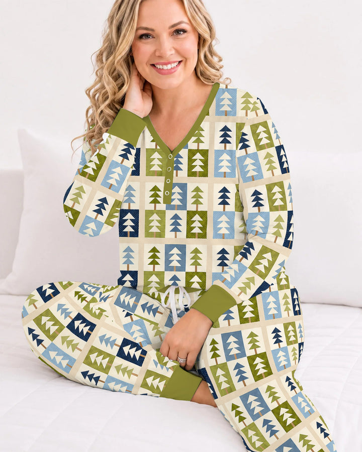Retro Geometric Christmas Tree Patchwork Seamless Pattern Bamboo Women Pajama Set