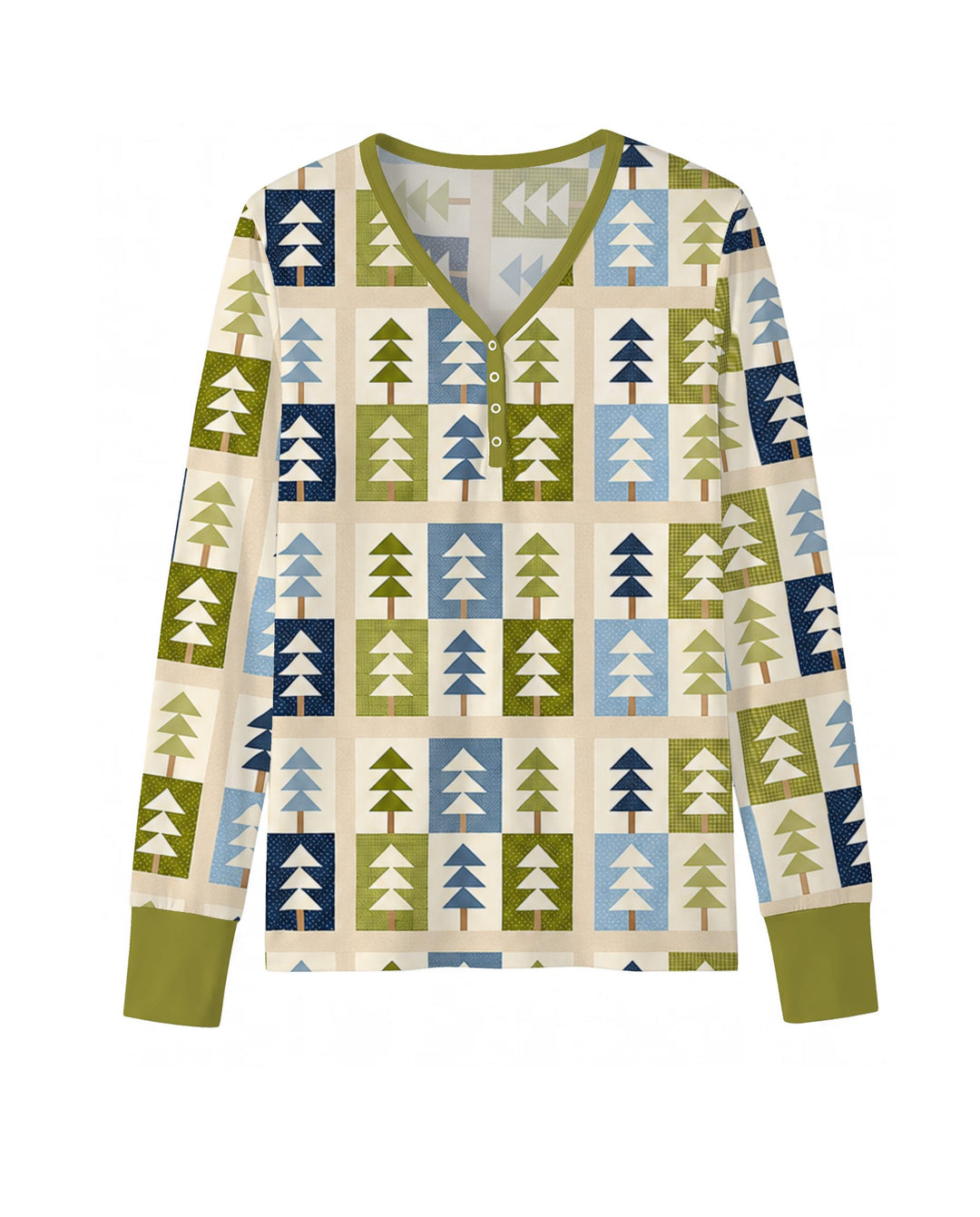 Retro Geometric Christmas Tree Patchwork Seamless Pattern Bamboo Women Pajama Set