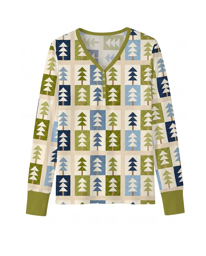 Retro Geometric Christmas Tree Patchwork Seamless Pattern Bamboo Women Pajama Set
