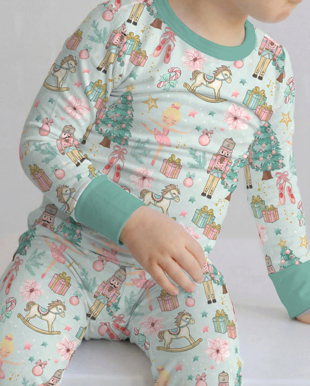 Pastel Nutcracker Ballerina Christmas Seamless Pattern Bamboo Two Piece Long Sleeve Pajama Set