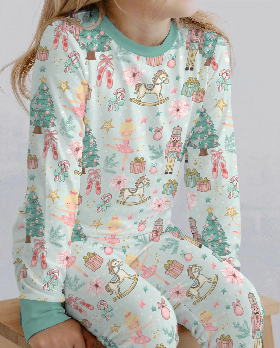 Pastel Nutcracker Ballerina Christmas Seamless Pattern Bamboo Two Piece Long Sleeve Pajama Set