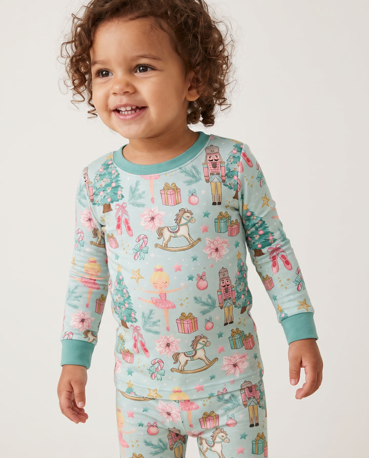 Pastel Nutcracker Ballerina Christmas Seamless Pattern Bamboo Two Piece Long Sleeve Pajama Set