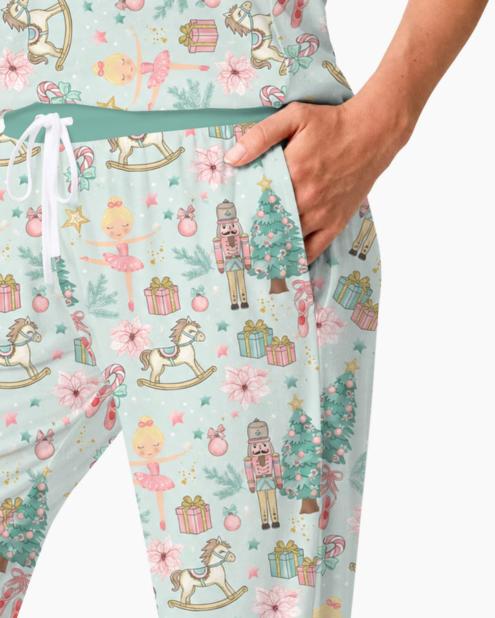 Pastel Nutcracker Ballerina Christmas Seamless Pattern Bamboo Women Pajama Set