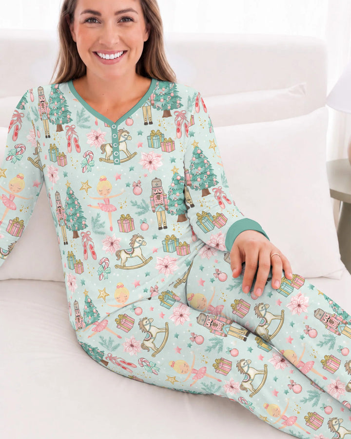 Pastel Nutcracker Ballerina Christmas Seamless Pattern Bamboo Women Pajama Set