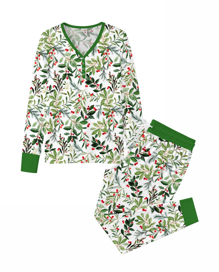 Watercolor Christmas Holly Greenery Bamboo Women Pajama Set