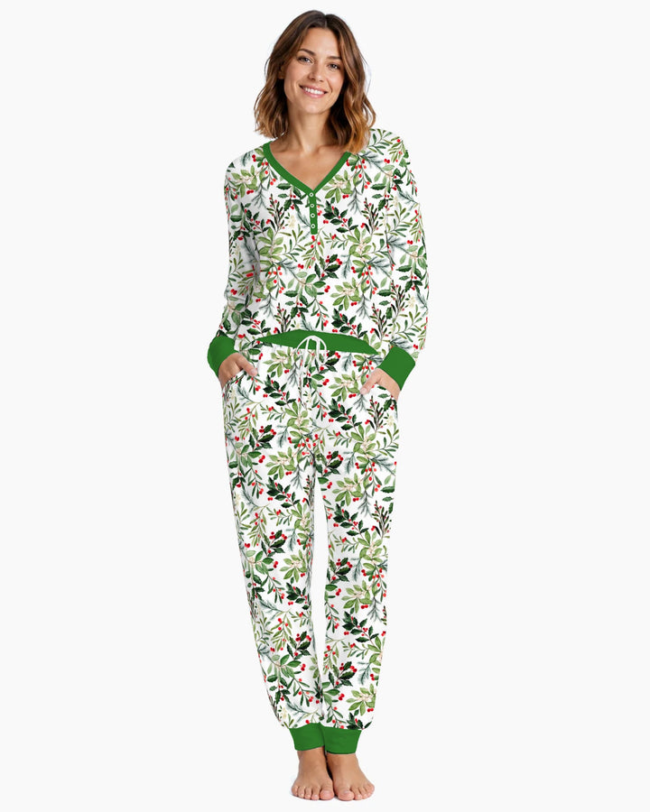Watercolor Christmas Holly Greenery Bamboo Women Pajama Set