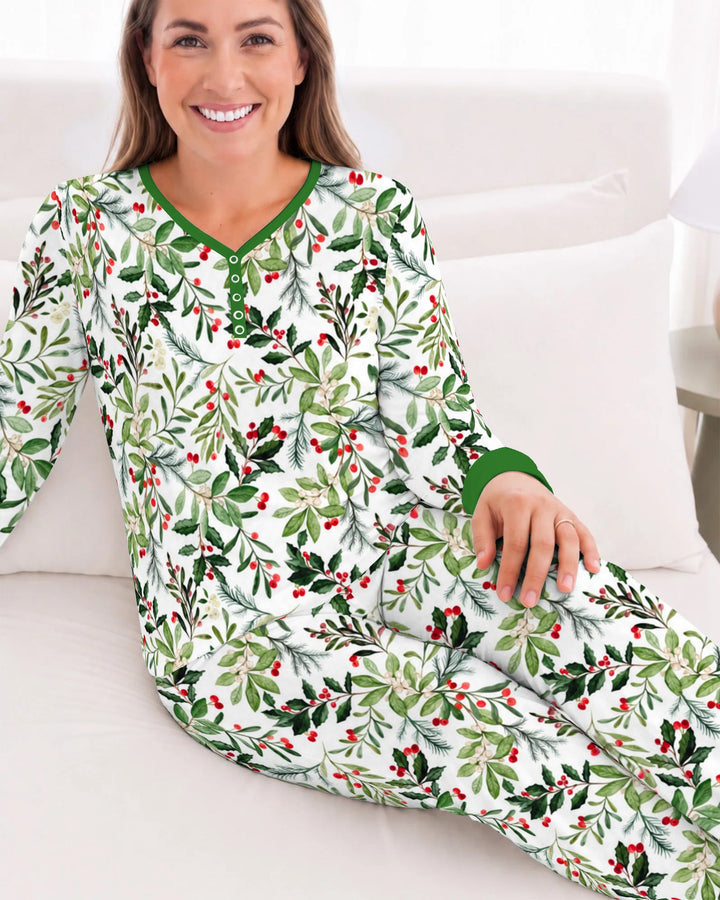 Watercolor Christmas Holly Greenery Bamboo Women Pajama Set
