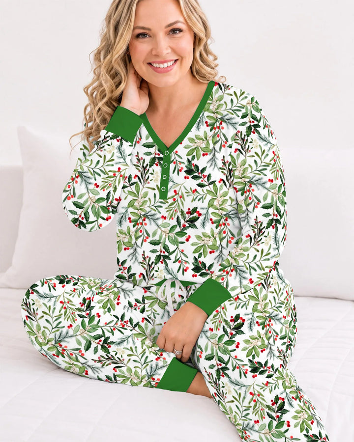 Watercolor Christmas Holly Greenery Bamboo Women Pajama Set