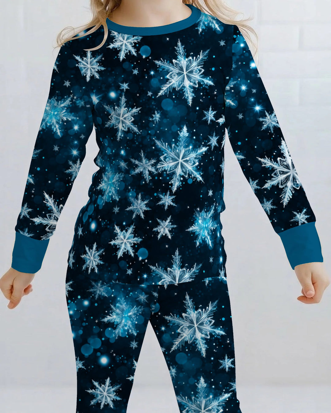Midnight Blue Sparkling Snowflakes Bamboo Two Piece Long Sleeve Pajama Set