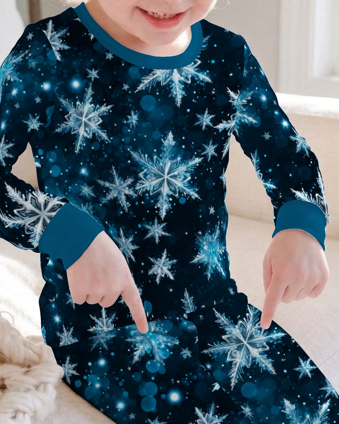 Midnight Blue Sparkling Snowflakes Bamboo Two Piece Long Sleeve Pajama Set