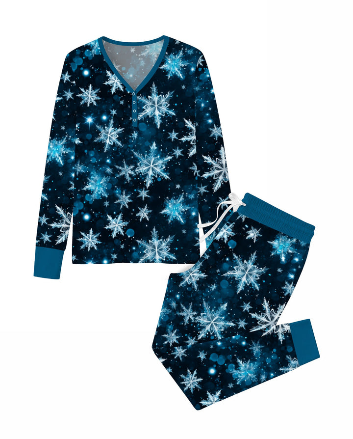 Midnight Blue Sparkling Snowflakes Bamboo Women Pajama Set