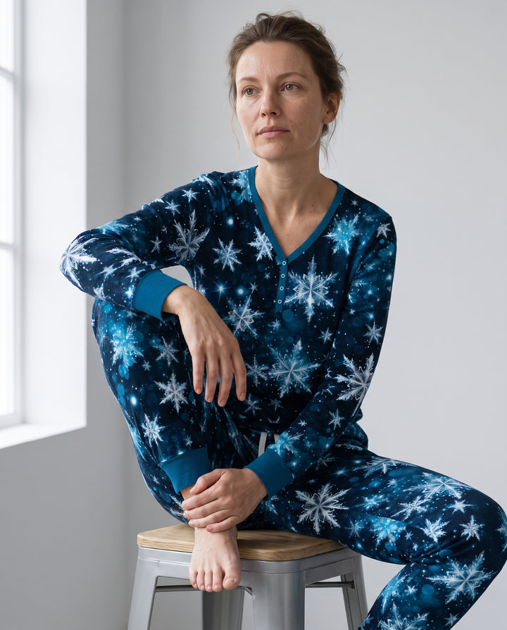 Midnight Blue Sparkling Snowflakes Bamboo Women Pajama Set