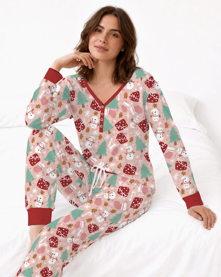 Pink Christmas Snowman Wonderland Bamboo Women Pajama Set