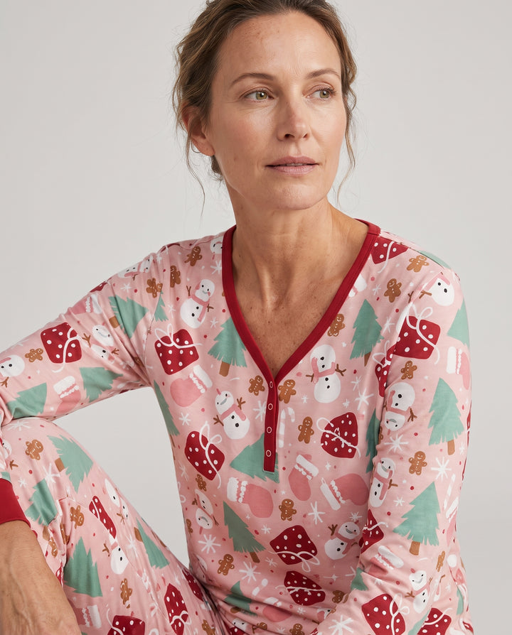 Pink Christmas Snowman Wonderland Bamboo Women Pajama Set