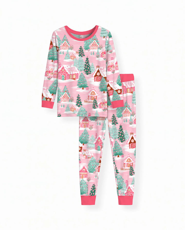Pink Gingerbread Christmas Village Bamboo Two Piece Long Sleeve Pajama Set