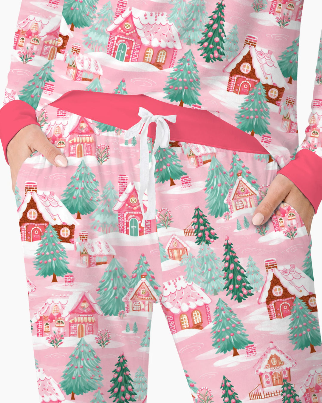 Pink Gingerbread Christmas Village Bamboo Women Pajama Set