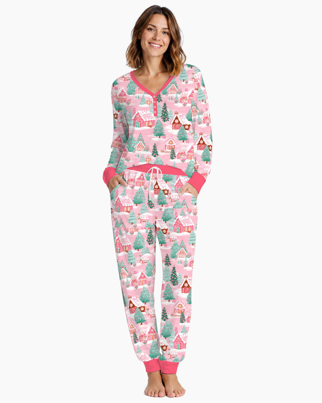 Pink Gingerbread Christmas Village Bamboo Women Pajama Set