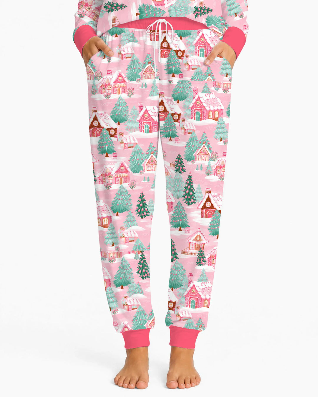 Pink Gingerbread Christmas Village Bamboo Women Pajama Set