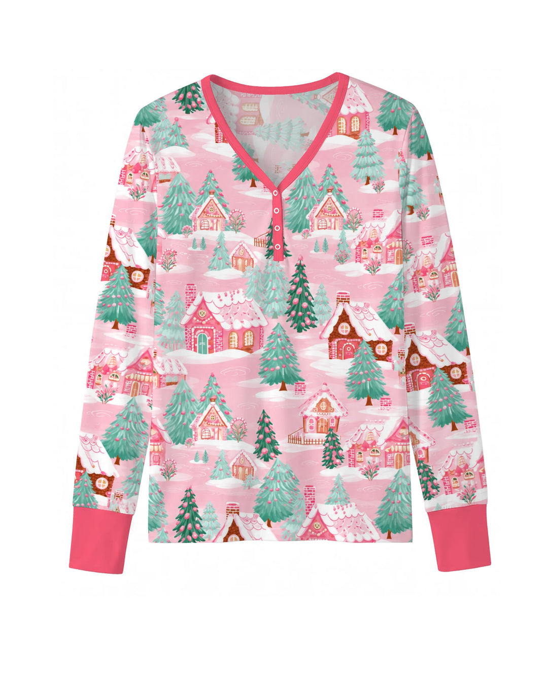 Pink Gingerbread Christmas Village Bamboo Women Pajama Set