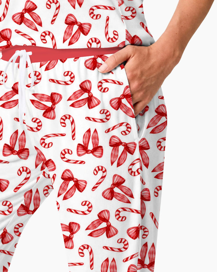 Red Christmas Bows Candy Canes Bamboo Women Pajama Set