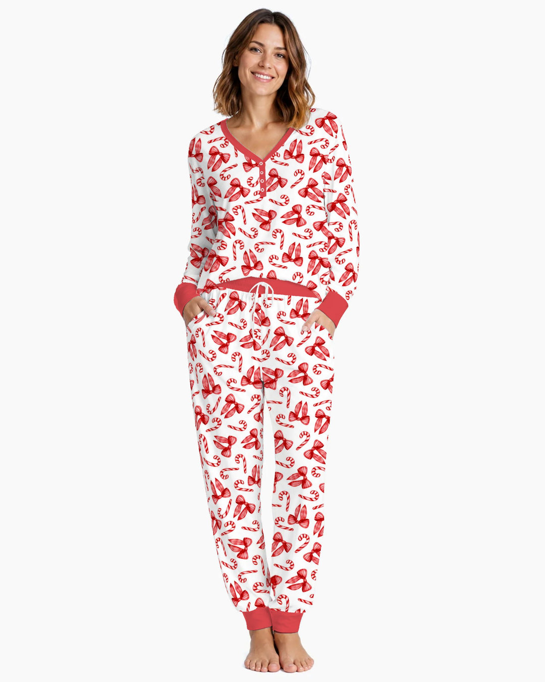 Red Christmas Bows Candy Canes Bamboo Women Pajama Set