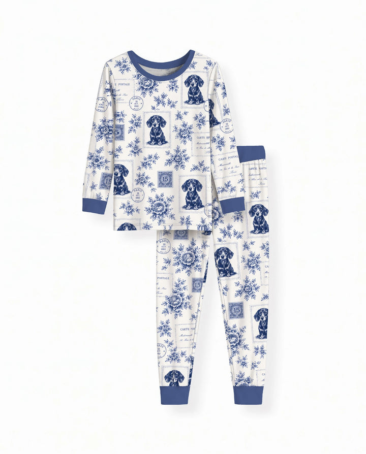 Vintage Blue Dachshund Postcards Bamboo Two Piece Long Sleeve Pajama Set