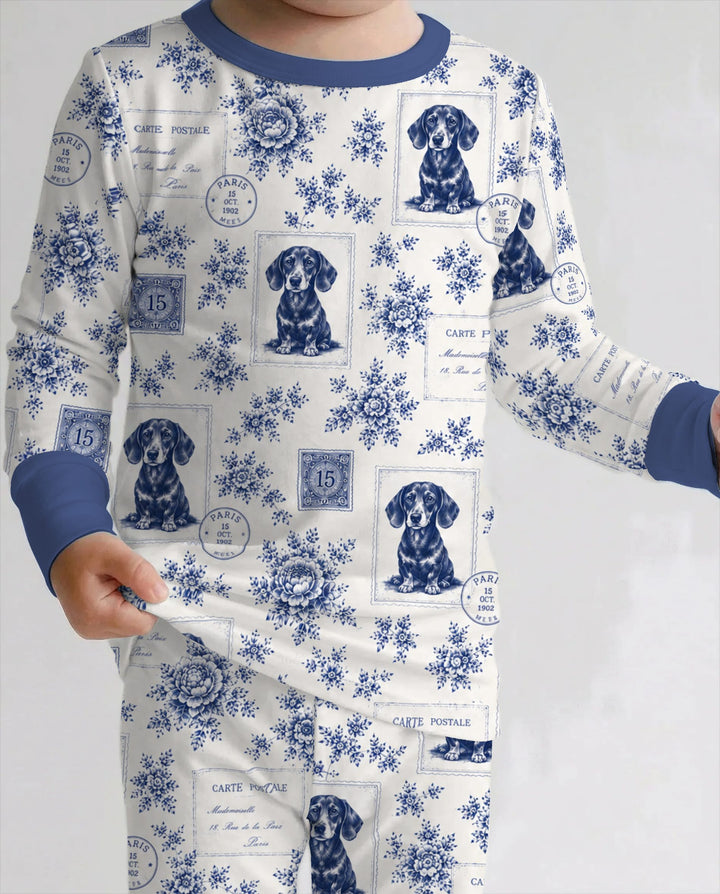 Vintage Blue Dachshund Postcards Bamboo Two Piece Long Sleeve Pajama Set