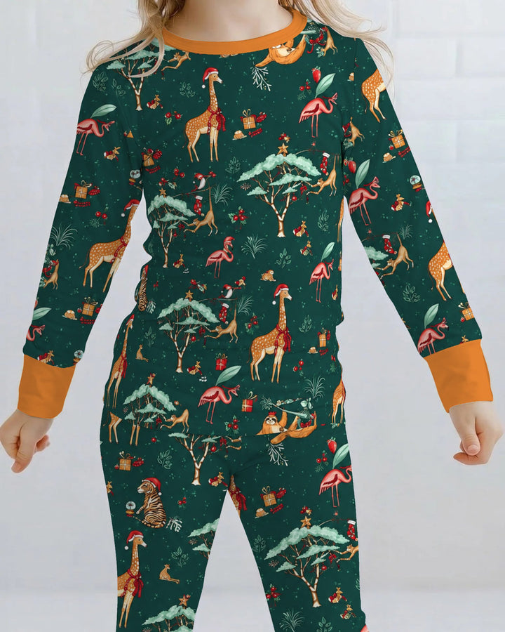 Whimsical Christmas Safari Animals Bamboo Two Piece Long Sleeve Pajama Set
