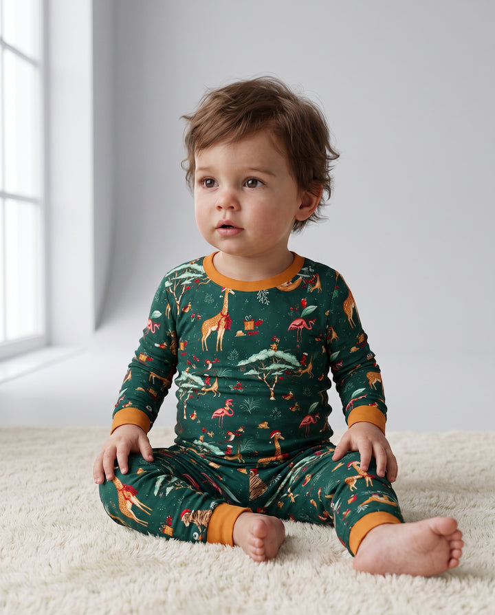 Whimsical Christmas Safari Animals Bamboo Two Piece Long Sleeve Pajama Set