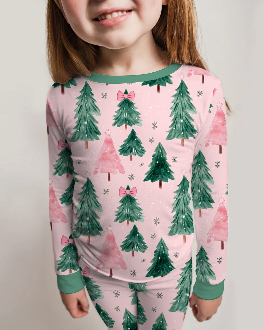 Watercolor Pink Bow Christmas Trees Bamboo Two Piece Long Sleeve Pajama Set
