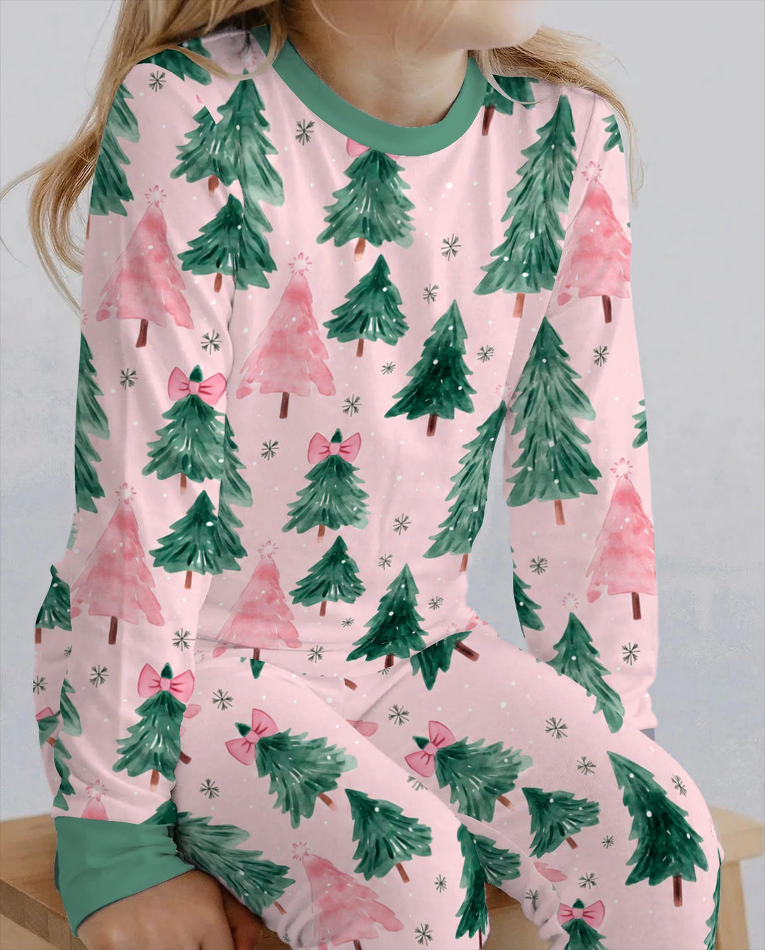 Watercolor Pink Bow Christmas Trees Bamboo Two Piece Long Sleeve Pajama Set