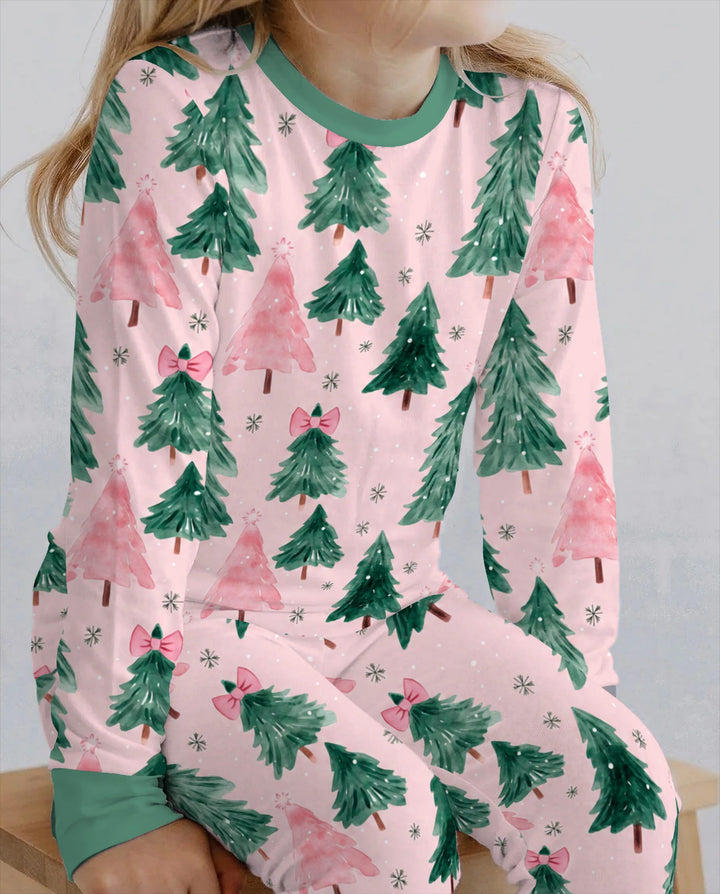 Watercolor Pink Bow Christmas Trees Bamboo Two Piece Long Sleeve Pajama Set