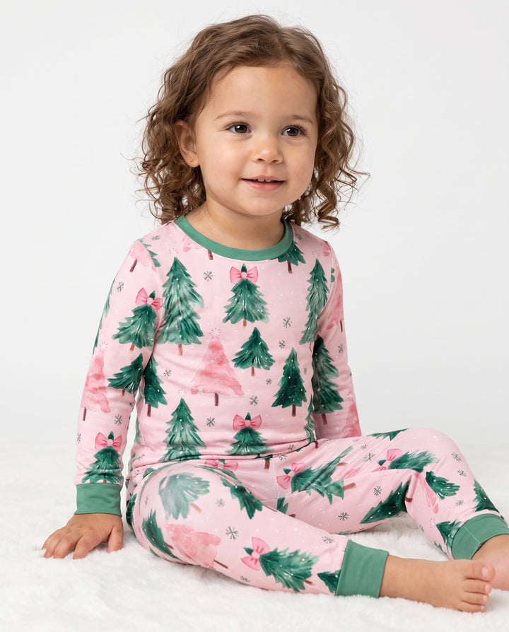 Watercolor Pink Bow Christmas Trees Bamboo Two Piece Long Sleeve Pajama Set
