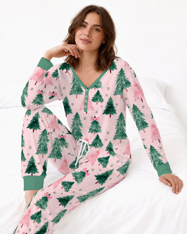 Watercolor Pink Bow Christmas Trees Bamboo Women Pajama Set