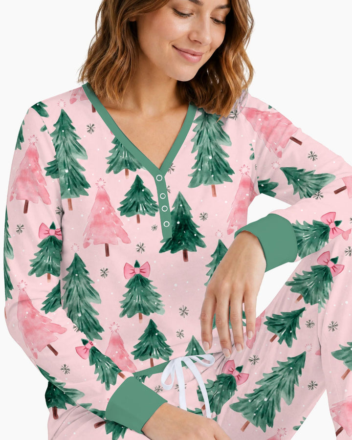 Watercolor Pink Bow Christmas Trees Bamboo Women Pajama Set