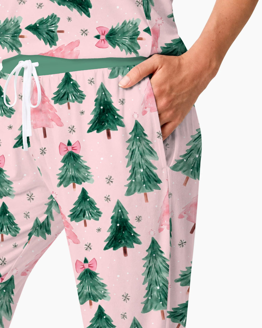 Watercolor Pink Bow Christmas Trees Bamboo Women Pajama Set