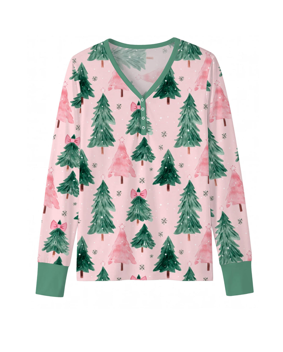 Watercolor Pink Bow Christmas Trees Bamboo Women Pajama Set