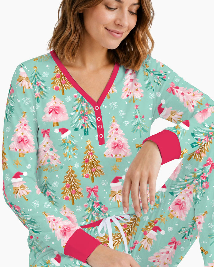 Pastel Pink Christmas Tree Wonderland Bamboo Women Pajama Set