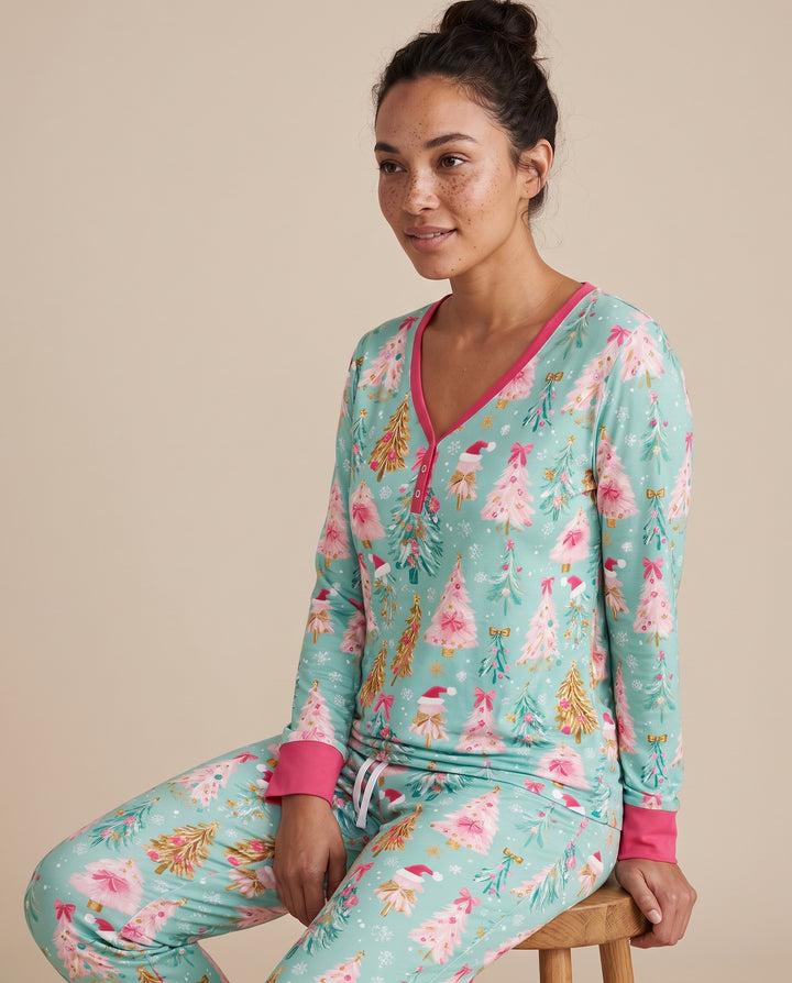 Pastel Pink Christmas Tree Wonderland Bamboo Women Pajama Set