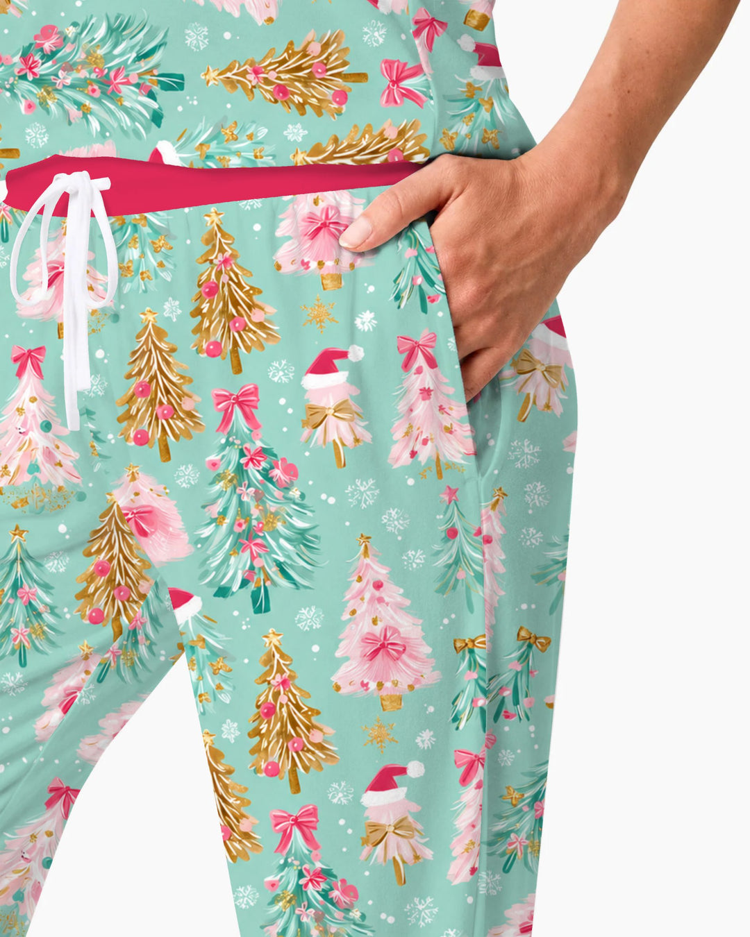 Pastel Pink Christmas Tree Wonderland Bamboo Women Pajama Set