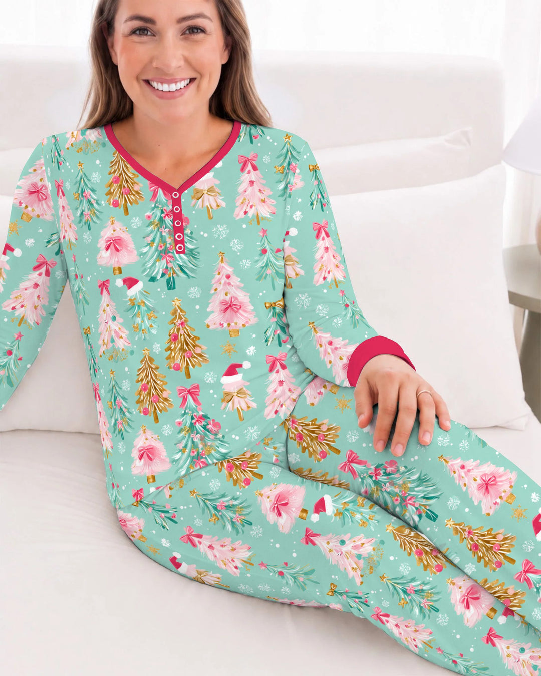 Pastel Pink Christmas Tree Wonderland Bamboo Women Pajama Set