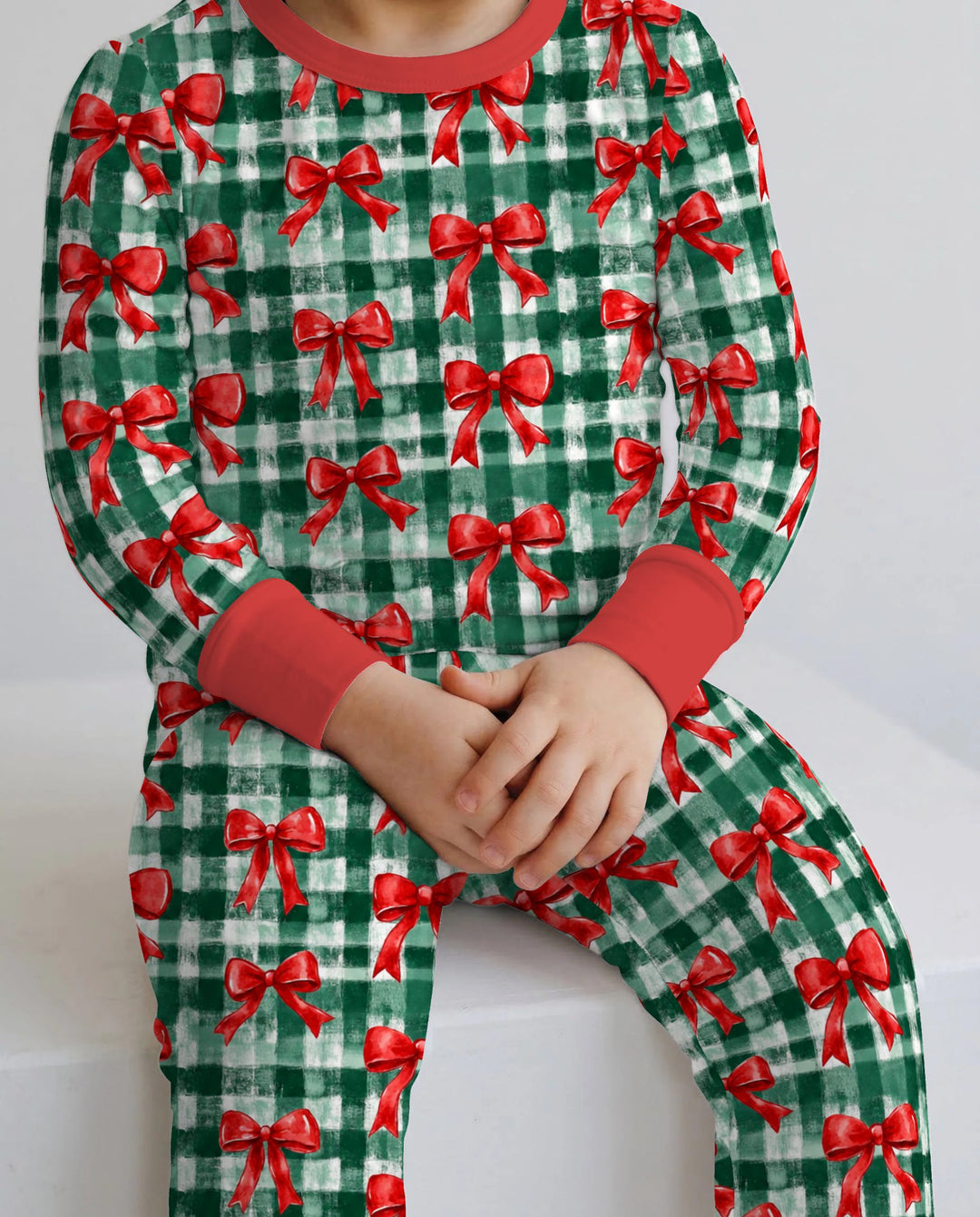 Watercolor Red Bows Green Plaid Christmas Bamboo Two Piece Long Sleeve Pajama Set