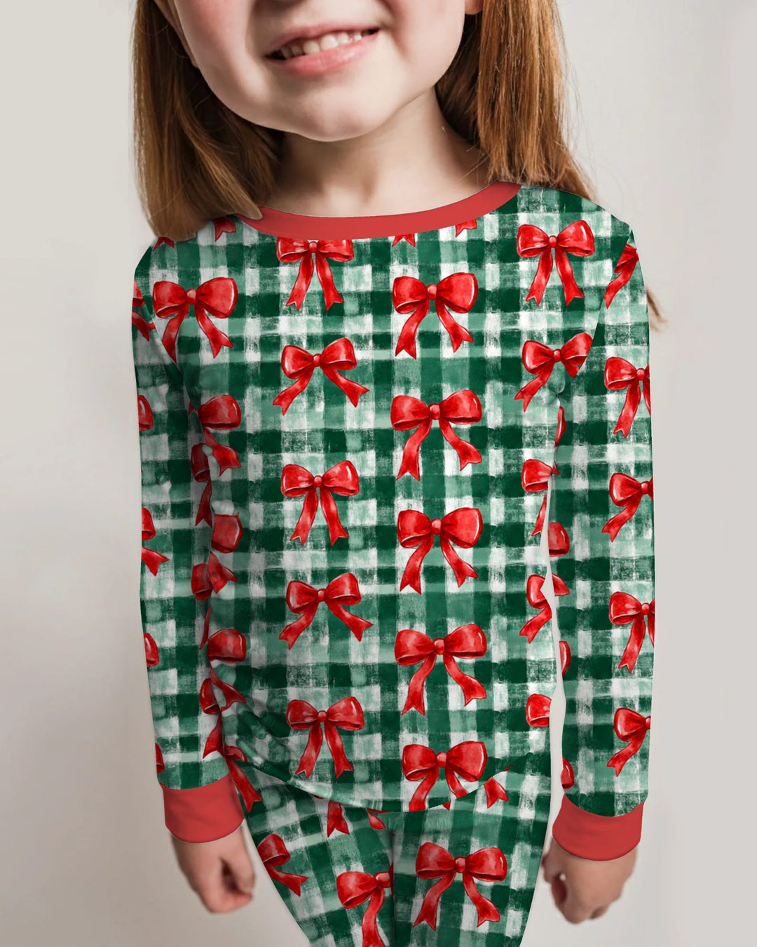 Watercolor Red Bows Green Plaid Christmas Bamboo Two Piece Long Sleeve Pajama Set