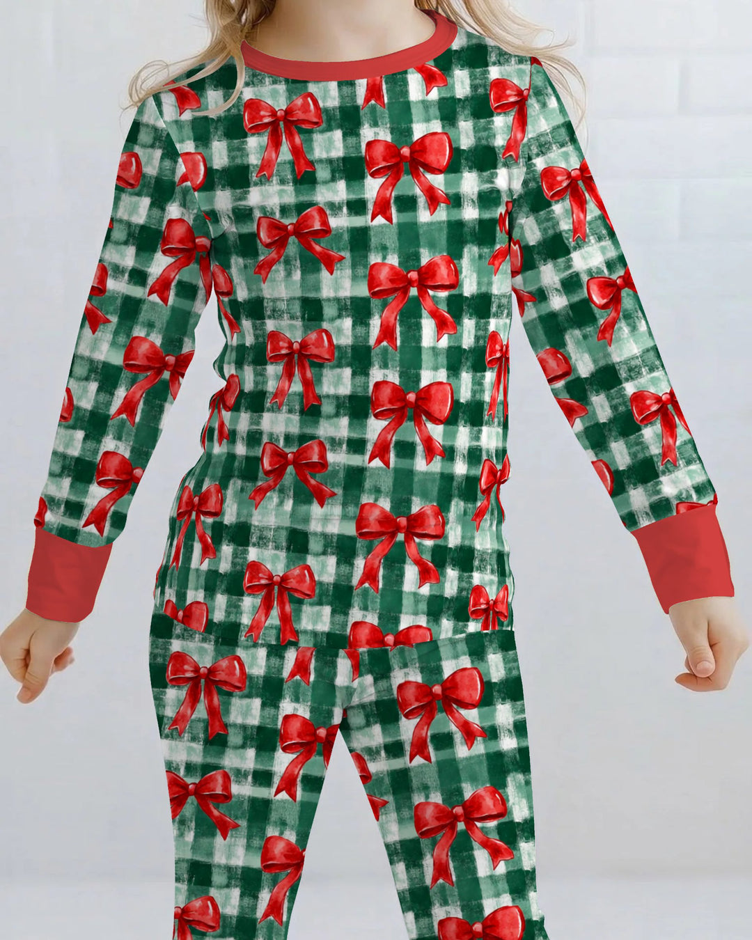 Watercolor Red Bows Green Plaid Christmas Bamboo Two Piece Long Sleeve Pajama Set